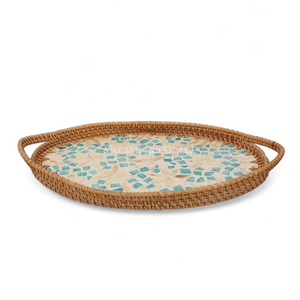 Plateau de service flexible en rotin naturel bohème et nacre pour servir des collations, des boissons et une utilisation quotidienne sur la table - Product Image 1