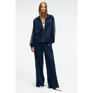 ZINNIE Women's Genuine Leather Crop Jacket-Navy Blue with Embroidery Side Stripe Metal <b>Zipper</b> & Stand Collar - Product Image 6