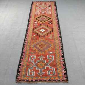 Vintage 3.5x10.4 ft Rug, Turkish <b>Runner</b> Rug, <b>Red</b> Check Rug - Product Image 1