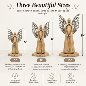Figurine d'ange rustique en bois avec ailes en métal argenté et pendentif cœur, ornement de Noël pour table, décoration d'intérieur, centre de table - Product Image 3