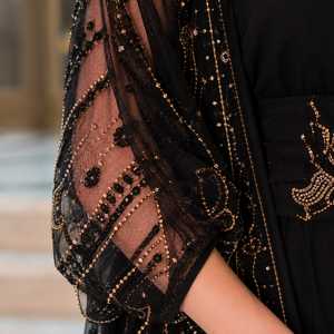Vestido Kaftán Negro de Lujo con Bordado para Mujer, Elegante Vestido Árabe de Noche, Largo hasta el Tobillo, Mangas de Malla con Cuentas, Hecho a Mano - Product Image 3