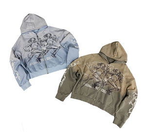 เสื้อฮู้ดดี้ทรงบ็อกซี่แบบครอป ซิปหน้า ลวดลายกราฟิกวินเทจ คุณภาพสูง ขนาดใหญ่พิเศษ ผ้าฝ้าย 100% ลุคทำเก่า สไตล์วินเทจ สำหรับผู้ชาย - Product Image 1