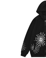Siyah Örümcek Ağı Baskılı Fermuarlı Kapüşonlu Kadın Oversize Polar Ceket Gotik Sokak Giysisi Uzun Kollu Kışlık Kapüşonlu