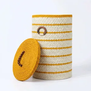 Panier de rangement en raphia tressé à la main de Madagascar, style bohème jaune et blanc, pour arrangement de plantes, décoration intérieure, avec couvercle, écologique, pour bureau - Product Image 2