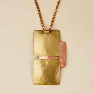 Modern Geometric Mixed Metal Pendant Necklace With Hammered Copper And Brass Squares Layered Design Contemporary Fashion - Product Image 4