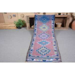 Vintage Turkish Kilim Rug 2,8 X 9,2ft Handmade Blue Pink Wool with Latex Backing for Bedroom Rectangle Patchwork Pattern - Product Image 5