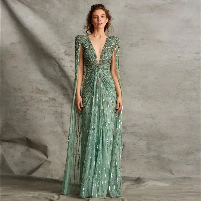 Luxo Dubai sábio verde vestidos de noite com capa, mulheres elegantes casamento formal festa vestido