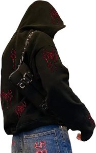 High Quality Custom Logo Full <b>Zip</b> <b>up</b> Women's <b>Hoodies</b> Sweatshirts Comfortable Feel Loose Heavyweight <b>Black</b> Rhinestone Hoodie - Product Image 5