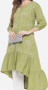 Nouvelle Arrivée : Ensemble Décontracté Femme – Kurta Asymétrique en Rayonne Brodé avec Col en V et Pantalon Assorti pour le Bureau - Product Image 4