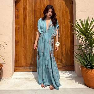 Robe maxi kaftan pour femmes, col en V, avec cordon de serrage à la taille, manches courtes, kaftan fluide, tenue de plage estivale - Product Image 2