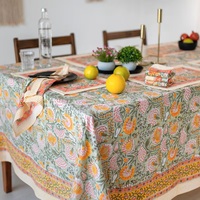 Brûlé Orange Olive Vert Floral Indien Main Bloc Imprimé Rectangle Nappe Coton Table Couverture Pendaison De Crémaillère Français Nappe