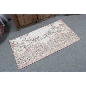 Alfombra vintage de 2x3.6 pies (60x110 cm), alfombra turca abstracta blanca - Product Image 2