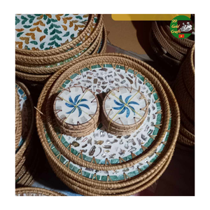 Plateau de service en rotin tressé mélangé à de la mosaïque de nacre, plateau naturel, plateau rond en osier pour la décoration de table basse - Product Image 4