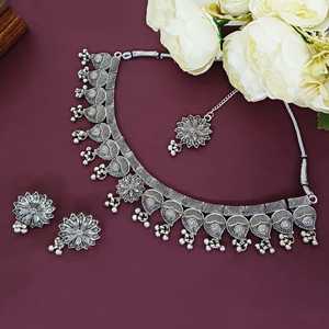 Indian Necklace Set Manufacturer Floral Style Choker Necklace Dangle <b>Earrings</b> Set Antique Oxidized Fashion Necklace for Women - Product Image 2