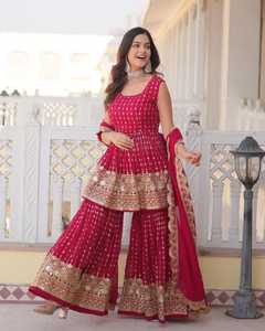 Gorgeous Faux Georgette Gharara Ensemble Long <b>Flared</b> Plazzo Heavy Matching Dupatta with <b>Sequins</b> Work Elegant Fancy Salwar Suit - Product Image 1