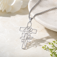 Collier tendance ARNAN avec pendentif croix rose, en acier inoxydable plaqué argent, bijou religieux chrétien, cadeau pour femme, motif floral