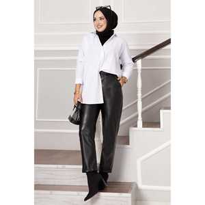 Women's Casual Black Leather Pants with Elastic Waistband Breathable <b>PU</b> Fabric XL Size Pencil Style <b>Leggings</b> Wrinkled Technics - Product Image 5