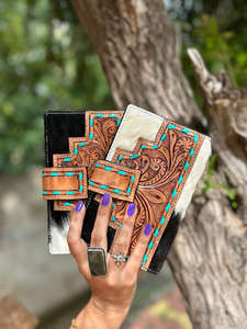 Cartera de cuero con pelo en piel oculta, cartera tallada a mano occidental, tarjetas de cuero talladas con herramientas Vintage, regalos de billetera en efectivo - Product Image 2