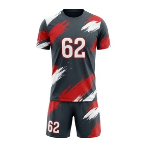 Tenue de football personnalisée rouge et grise, kit de sublimation à effet brossé, maillot et short 100 % polyester à séchage rapide, vente en gros - Product Image 1