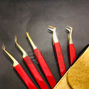 Pinzas de extensión de pestañas de acero inoxidable japonés de alta calidad, punta de fibra de oro rojo, pinzas de pestañas de etiqueta privada probadas a mano - Product Image 6