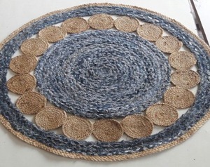 Modern Floral Tikki Rugs Denim and Jute Border Eco-Friendly Non-Slip <b>Machine</b> Made <b>Braided</b> Pattern - Product Image 1
