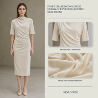 Robe midi drapée en ivoire à col bénitier et manches coude, froncée sur le côté, pour soirée, fabricant de robes de marque privée