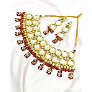 Ensemble de bijoux de mariée plaqué or 18 carats, serti de pierres Kundan et de perles, couleur bordeaux, avec zircon et perle, pour mariage ou cadeau - Product Image 3