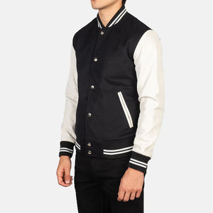 Veste Vaxton Hybrid Varsity à rayures noires, manches en cuir brodé et satiné, col montant, manteau d'hiver teint OEM de style vintage - Product Image 2