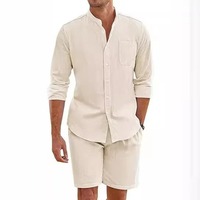 Set pakaian kasual harian pria, baju katun Linen bersirkulasi Vintage kerah berdiri, kemeja dan celana pendek untuk pria musim panas