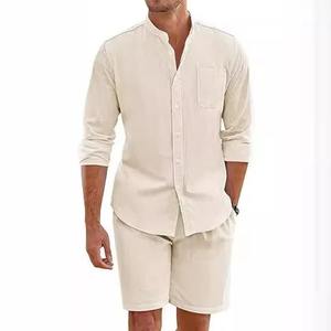 Conjuntos de lino y algodón transpirables informales diarios para hombre, camisas y pantalones cortos con botones y cuello levantado Vintage para hombre, ropa de verano - Product Image 4