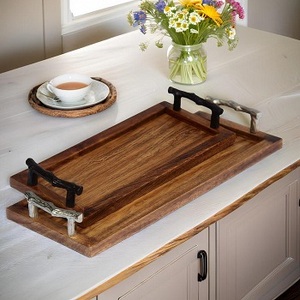 Bandeja de Servir de Madera de Acacia con Asas de Metal, Bandeja para Comida y Bebidas para Mesa de Centro, Desayuno, Cena y Bar, Decorativa Rústica - Product Image 2