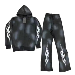 Traje apilado para hombre, ropa de calle, chándal, chándal Unisex, conjunto de 2 piezas, pantalones acampanados para correr, conjuntos de chándales holgados - Product Image 6