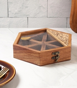 Hand Carved Gul Hexagonal Sheesham Wood <b>Spice</b> Box/ Dry-fruit Box Containers <b>spice</b> container with spoon wooden kitchen decor - Product Image 2