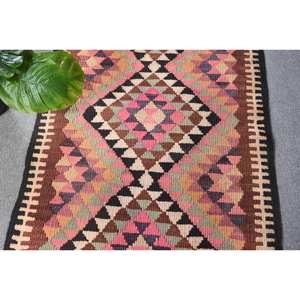 Kilim, alfombra de lana rosa marrón, 3x11,7 pies, tejido plano turco hecho a mano, Jacquard, patrón abstracto, látex para pasillo, espacio rectangular - Product Image 5