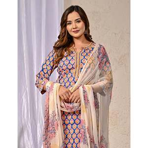 Blue <b>Block</b> <b>Printed</b> Anarkali Kurta Pant Set Indian Ethnic Style with Embroidery Work for Party Wear Made From Net Cotton - Product Image 1