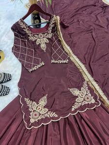 Nueva Kurta Lehenga Marrón, Éxito de Ventas, Estilo Indio-Pakistaní, con Lentejuelas y Bordado Zari, para Bodas, Fiestas y Eventos Tradicionales, Ropa para Mujer - Product Image 3