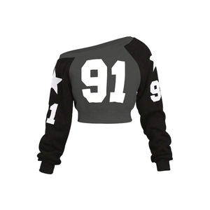 Sweat-shirt court pour femme en noir anthracite d'automne, impression personnalisée, lavage à l'acide, épaules tombantes, polaire, deux tons, doux, 100% coton - Product Image 1