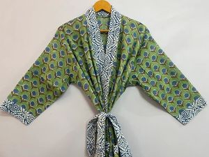 Bata de algodón hecha a mano hasta el suelo para mujer, ropa de dormir de verano con estampado de bloques, Kimono, cubierta de playa informal y bata de dama de honor - Product Image 2