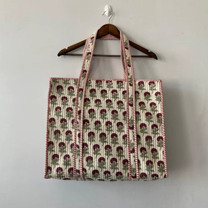 Handmade Quilted <b>Tote</b> <b>Bag</b> Block Print Cotton <b>Fabric</b> Beige & Maroon Floral Travel <b>Tote</b> Eco-Friendly Everyday <b>Bag</b> - Product Image 1