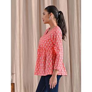 <b>Peach</b> Jaipuri Block Printed Women's Cotton Peplum <b>Top</b> Women's Knit <b>Tops</b> - Product Image 4