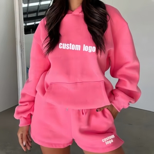 Nouveaux shorts et sweats à capuche pour femmes à la mode surdimensionnés confortables 100% coton grande taille logo personnalisé conception ensemble 2 pièces pour femmes - Product Image 1