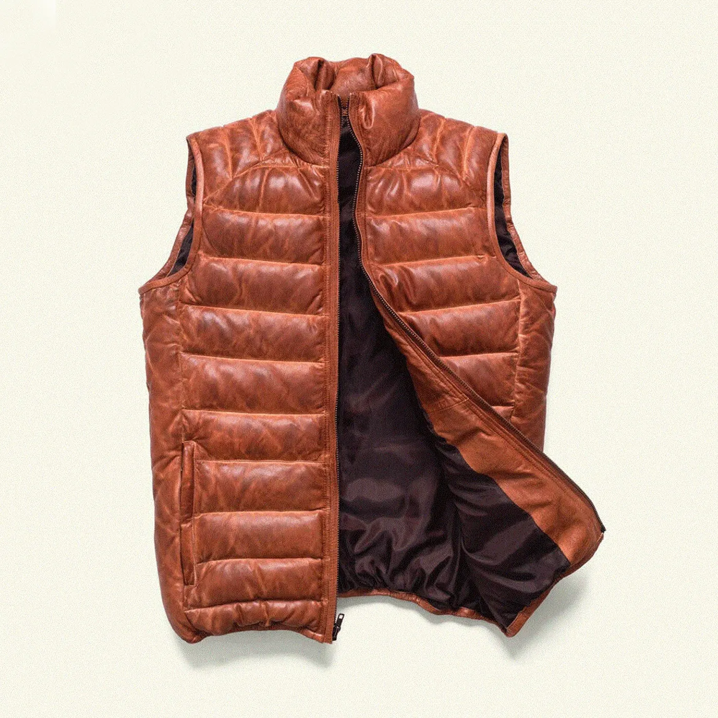 Hot Sale Men's Puffer Leather Vest Coat Brown Quilted Padded Lambskin Casual Winter Vest