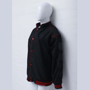 Veste de baseball pour femmes de haute qualité avec tissu noir de qualité supérieure et passepoil rouge élégant et boutons contrastés - Product Image 2