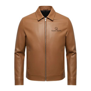 Veste en cuir d'hiver personnalisée 2026 en toile enduite de peau de vache marron clair avec fermeture éclair, poches avant et col rabattable - Product Image 5