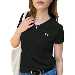 Camiseta de Jersey Transpirable con Cuello en V para Mujer, Manga Corta, Corte Regular Informal con Detalle de Lazo Pequeño, Moda de Verano - Product Image 1