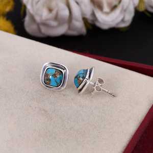 Copper Turquoise Sterling <b>Silver</b> Bezel Setting Luxury <b>Stud</b> <b>Earrings</b> for Women-Party Gift Boho Gemstone - Product Image 5