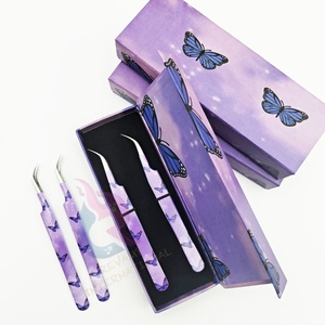 แหนบต่อขนตาพิมพ์รูปผีเสื้อสีม่วงทำจากสเตนเลสปลายโค้งแบบแยกกล่องออกแบบได้ตามต้องการ - Product Image 1