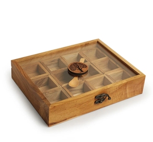 Tree of Life Handcrafted Spice Box With Spoon In Teak Wood 12 Containers spice container with spoon wooden box kitchen decor - Product Image 4