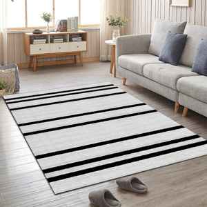 Tapis de couloir imprimé rayé noir et blanc, tapis de décoration intérieure, tapis en chenille - Product Image 1