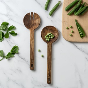 Cuillère à salade en bois à long manche ensemble de service en bois durable pour mélanger et mélanger les légumes - Product Image 2